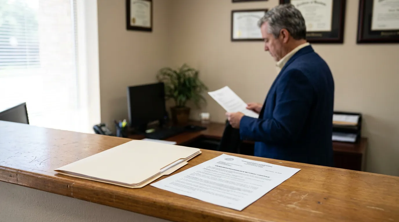 Houston UIM Attorney Reviewing Underinsured Motorist Claim Documents attorney in suit reviewing legal document with framed certificates on office wall