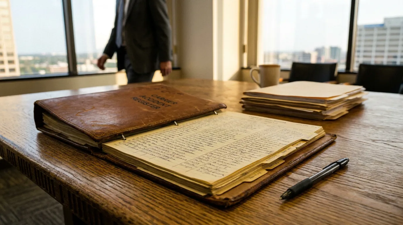 open Carrier Accident Register binder with handwritten records on law office table