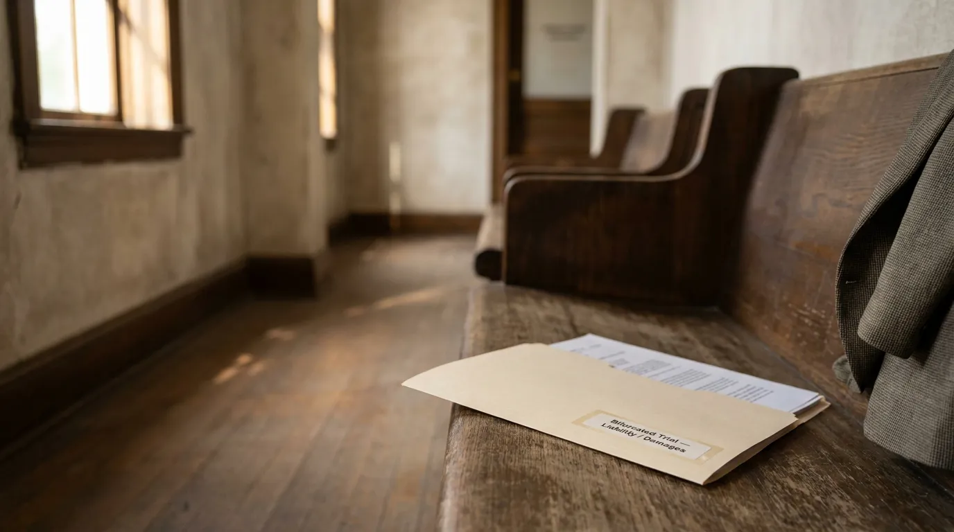 Houston Bifurcated Trial Documents Texas HB 19 Truck Case Bifurcated Trial Liability Damages labeled envelope on courtroom bench beside suit jacket