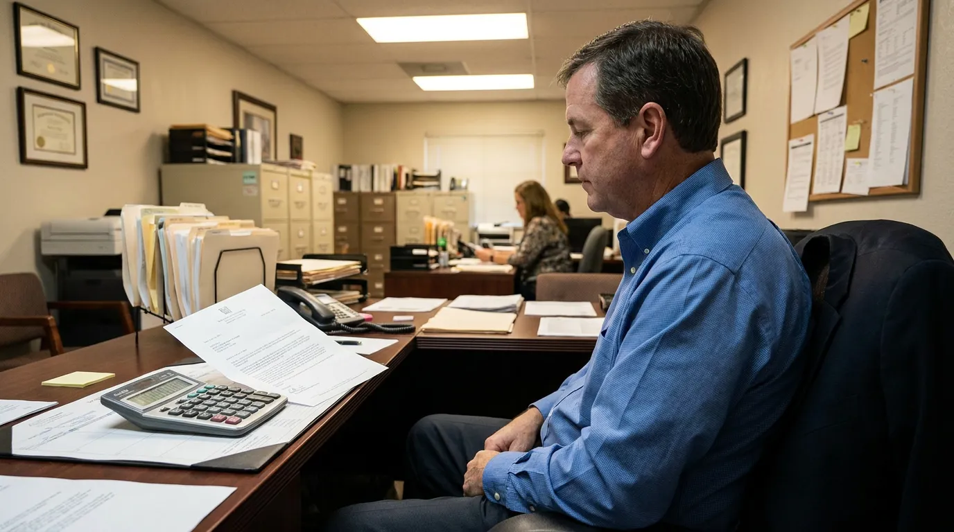 Houston Attorney Reviewing Insurance Claim Prompt Payment Documents attorney seated at desk reviewing legal documents with calculator and case files
