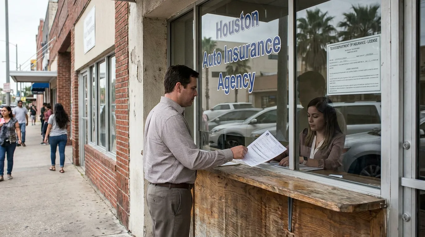 Man Signing PIP Rejection Form at Houston Auto Insurance Agency man submitting documents at Houston Auto Insurance Agency street window