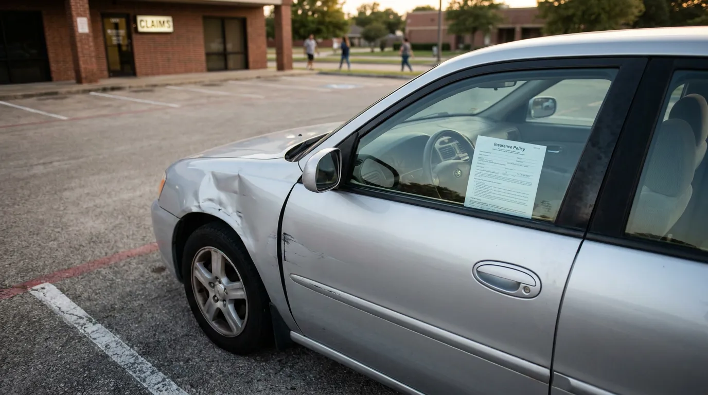 Houston Car Accident Insurance Policy Stowers Demand Claim damaged sedan with insurance policy document parked outside Claims office building