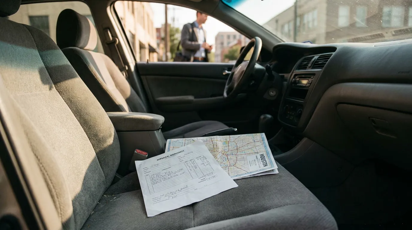 Houston Car Appraisal Worksheet 17c Diminished Value Claim appraisal worksheet and Houston map resting on car passenger seat