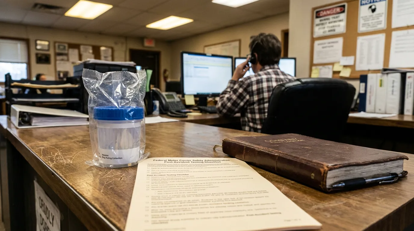 Houston Trucking Company FMCSA Post-Accident Drug Test Checklist FMCSA Post-Accident Testing Checklist document beside sealed drug collection cup on office desk