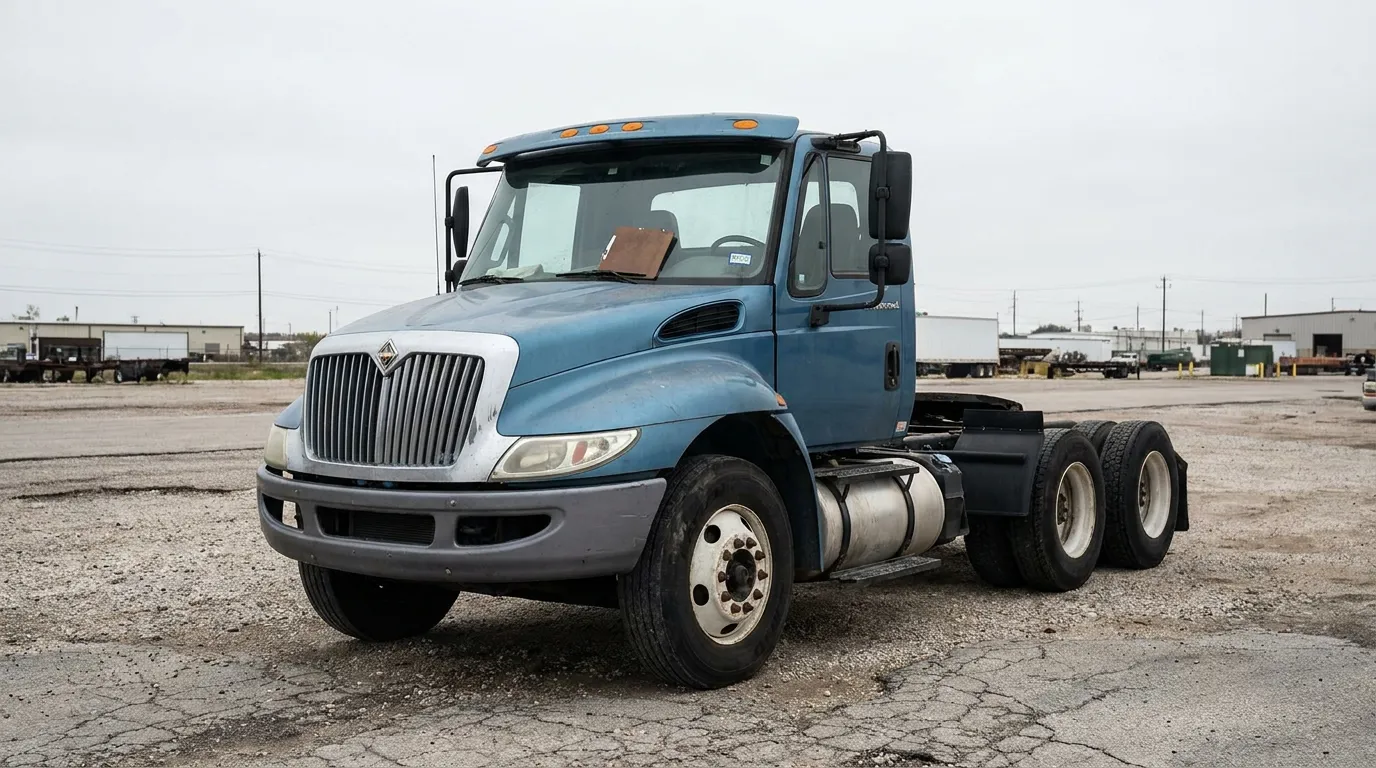 Houston Commercial Truck Driver Qualification File Fault Evidence International semi-truck cab without trailer parked in commercial lot