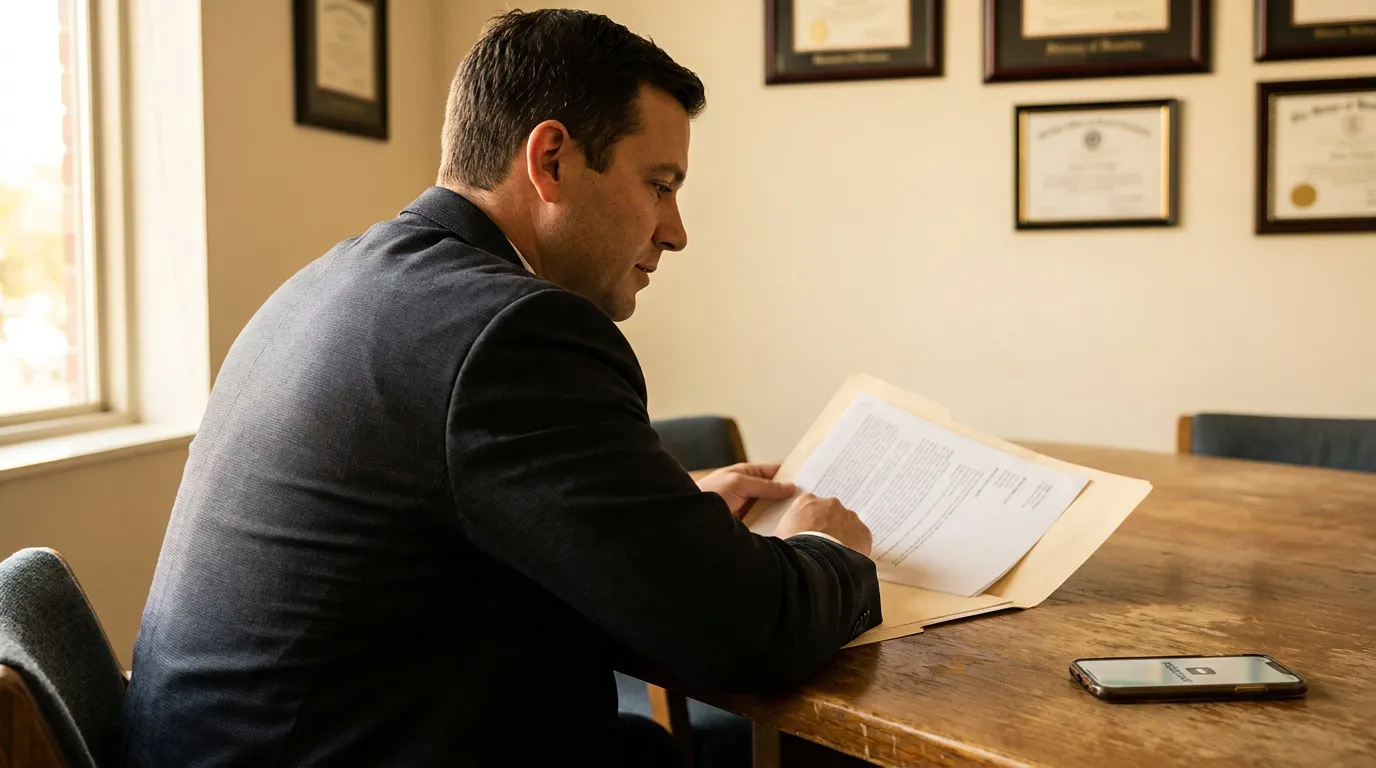 Houston Rideshare Injury Lawyer Reviewing Letter of Protection suited attorney reviewing legal documents at desk with framed credentials on wall