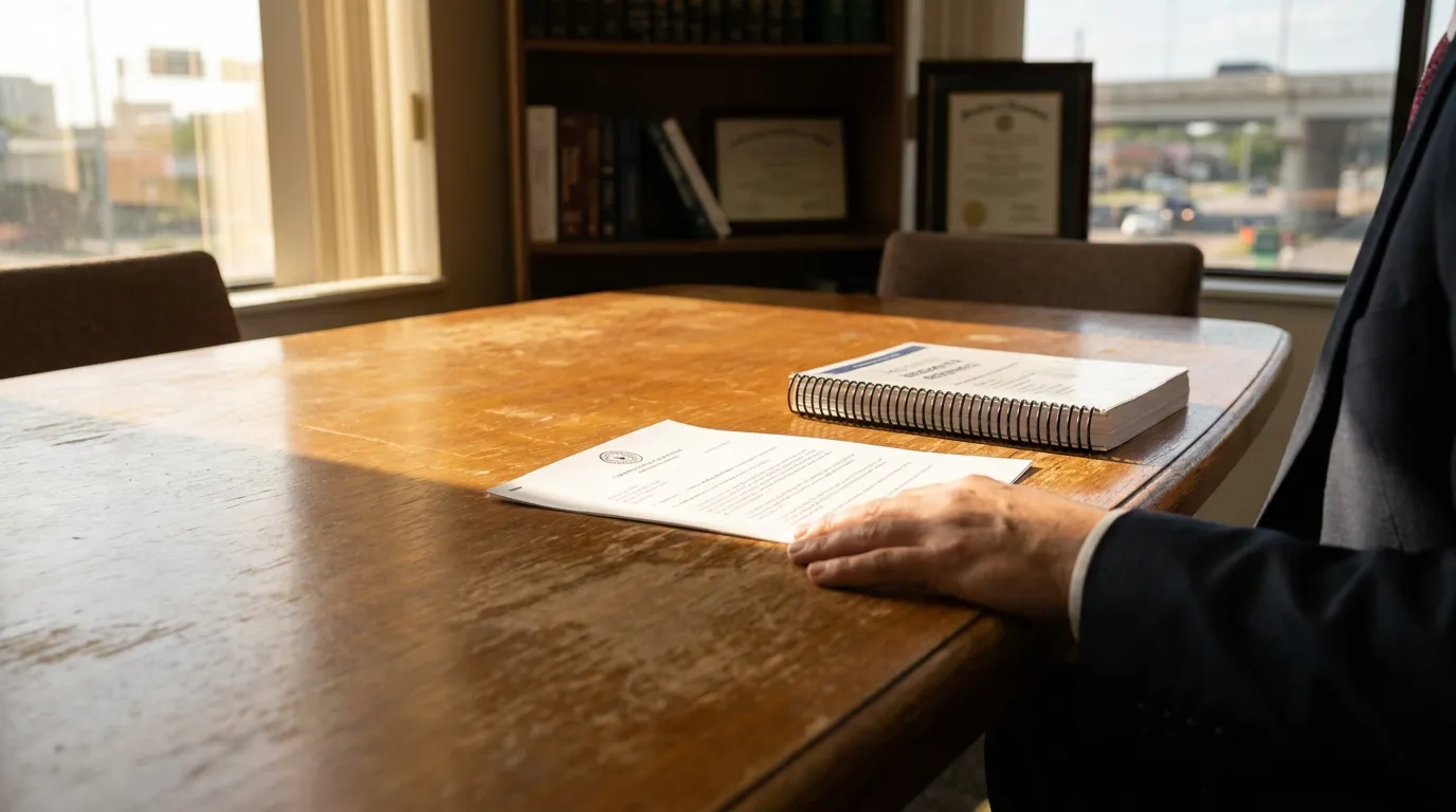Houston Truck Attorney Reviewing FMVSS 223 Underride Claim Documents attorney hand resting on official legal document beside spiral notebook on conference table