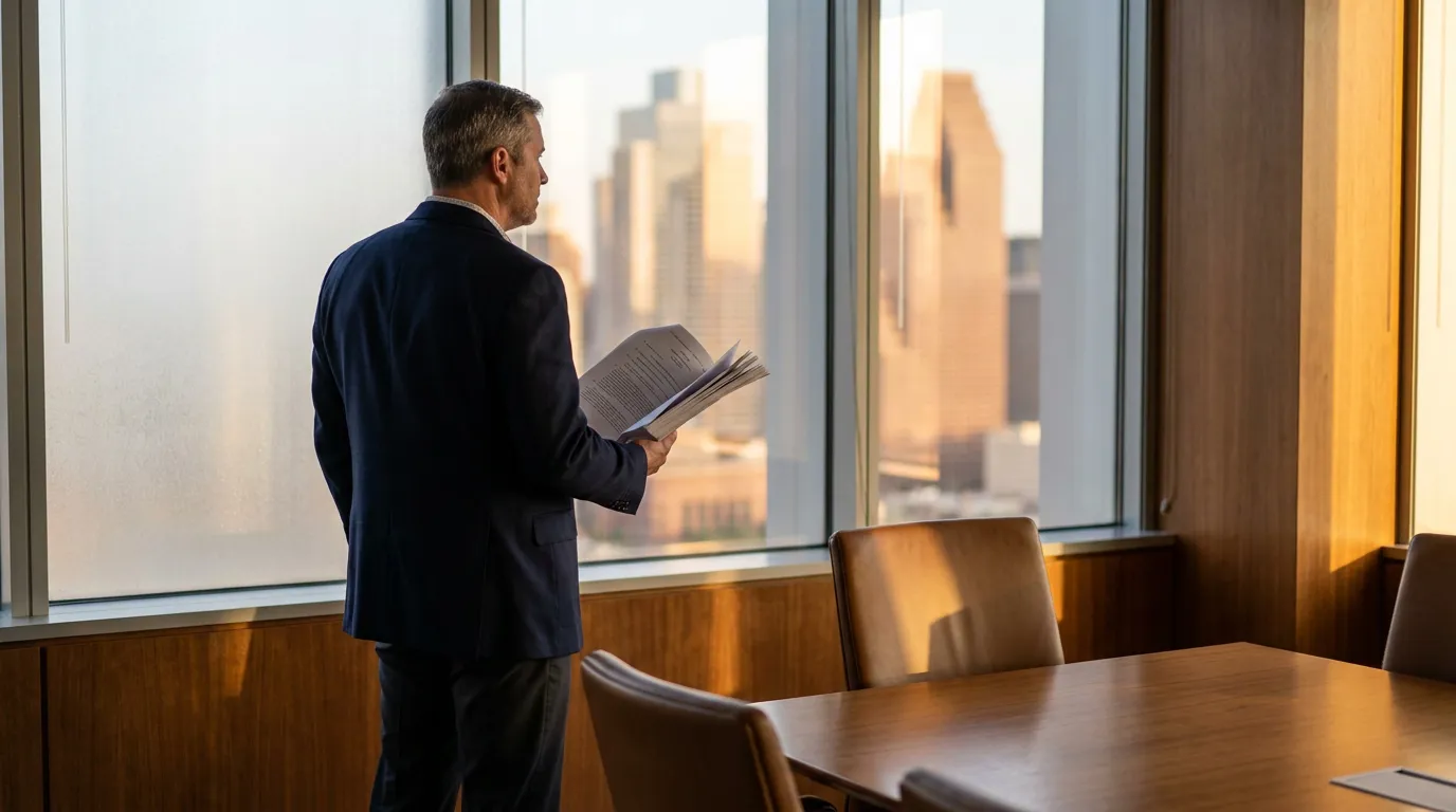 Houston Attorney Reviewing Uber Counteraffidavit Legal Documents attorney in suit reviewing legal documents beside conference room window overlooking city skyline