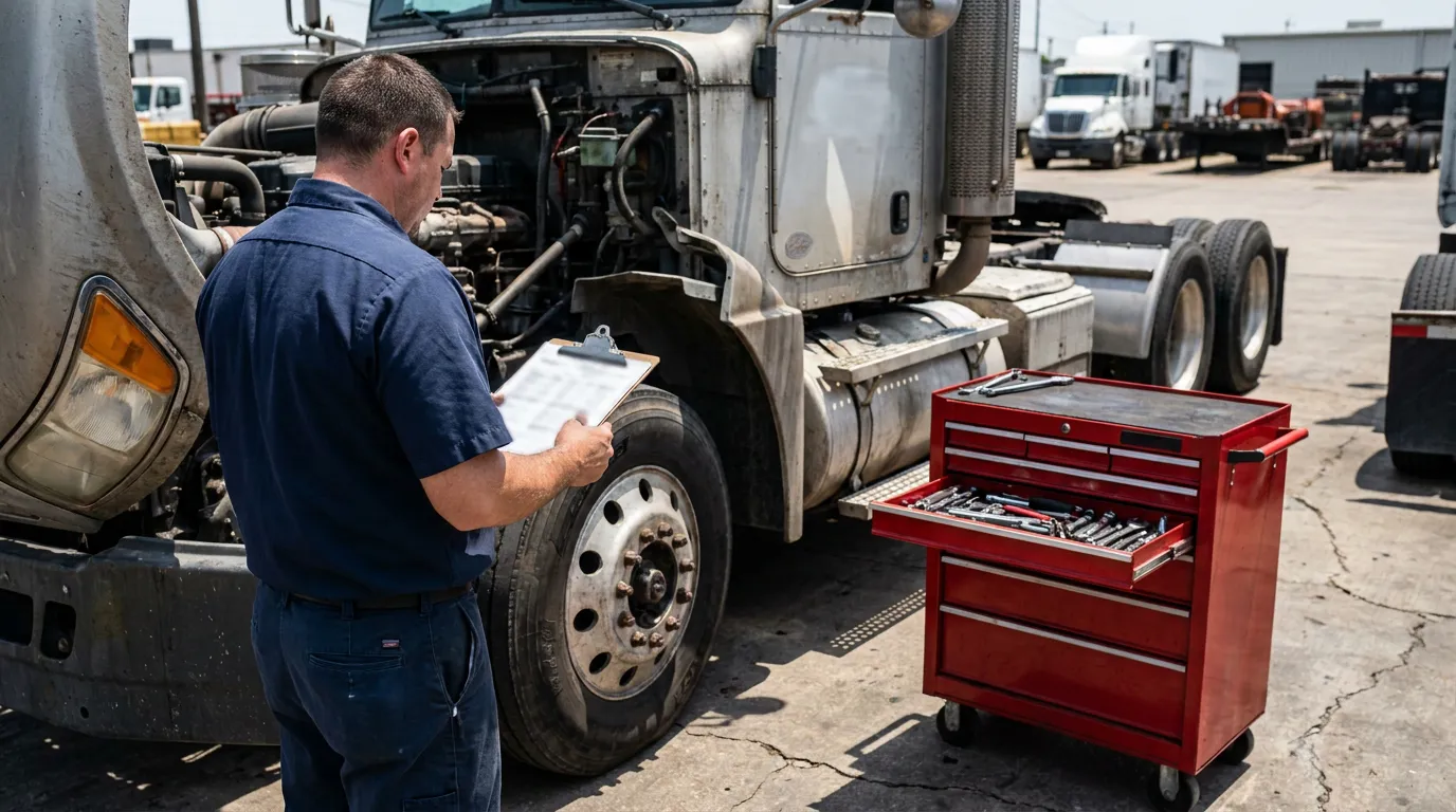 Houston Mechanic Reviewing DVIR Truck Inspection Report mechanic holding clipboard inspecting semi-truck engine beside open tool cart