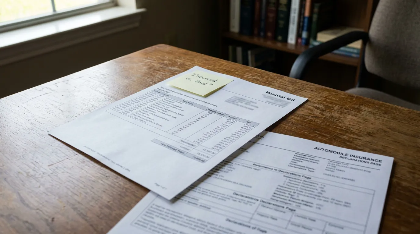 Hospital bill and automobile insurance declarations page on wooden desk with sticky note reading Incurred vs Paid