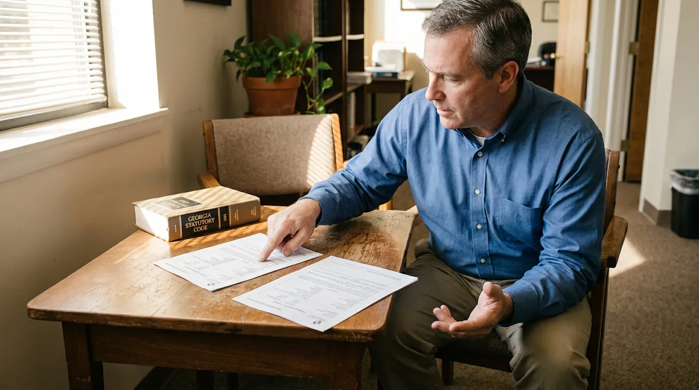 Atlanta Attorney Reviewing Georgia Uninsured Motorist Stacking Policy Documents man pointing at legal documents beside Georgia Statutory Code book at office desk