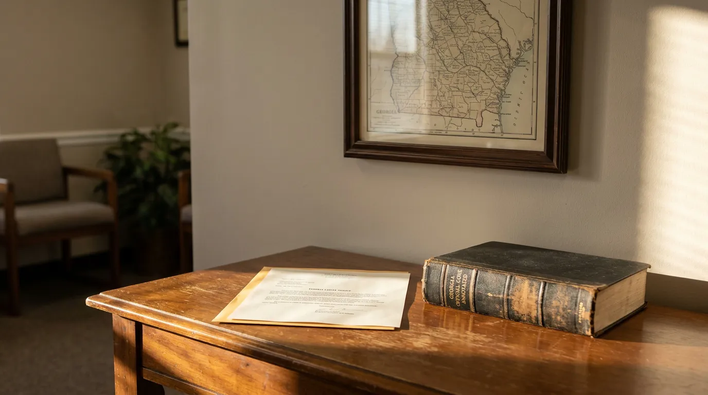 Georgia Ante Litem Notice Document and OCGA Book Atlanta Georgia Official Code Annotated book and legal documents on wooden desk