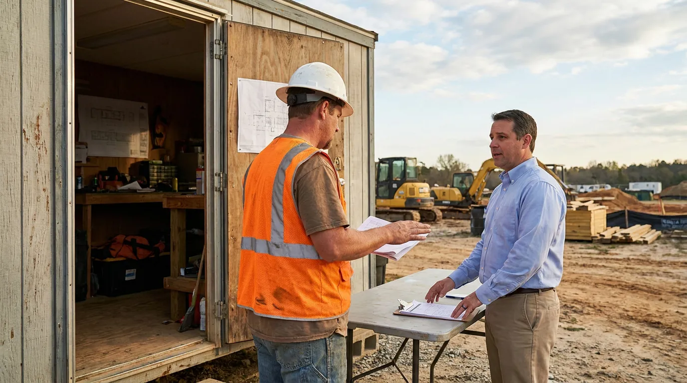 Atlanta Workers Comp Lawyer Consulting Injured Construction Worker construction worker in hard hat and vest reviewing documents with professional at job site