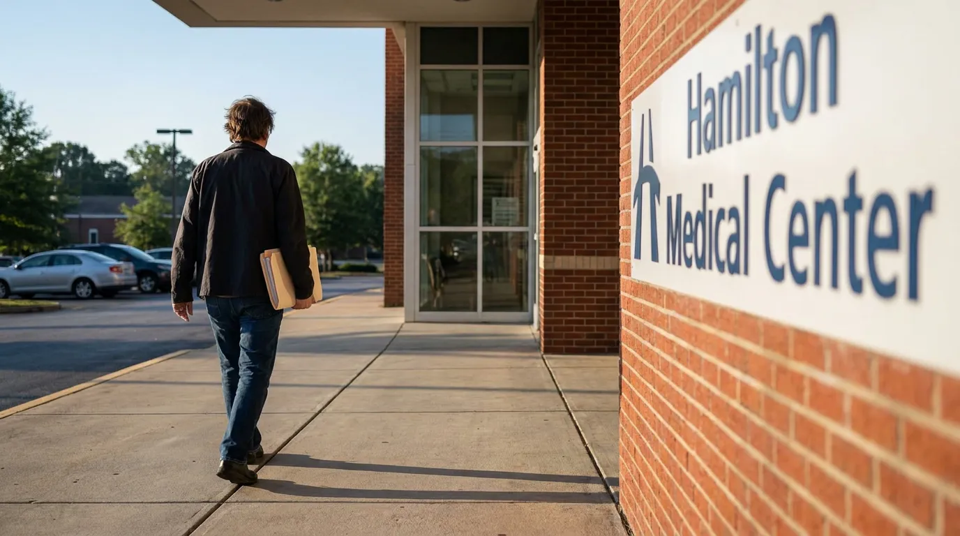 Person Entering Hamilton Medical Center Dalton Georgia Hospital Lien person carrying folder walking toward Hamilton Medical Center entrance