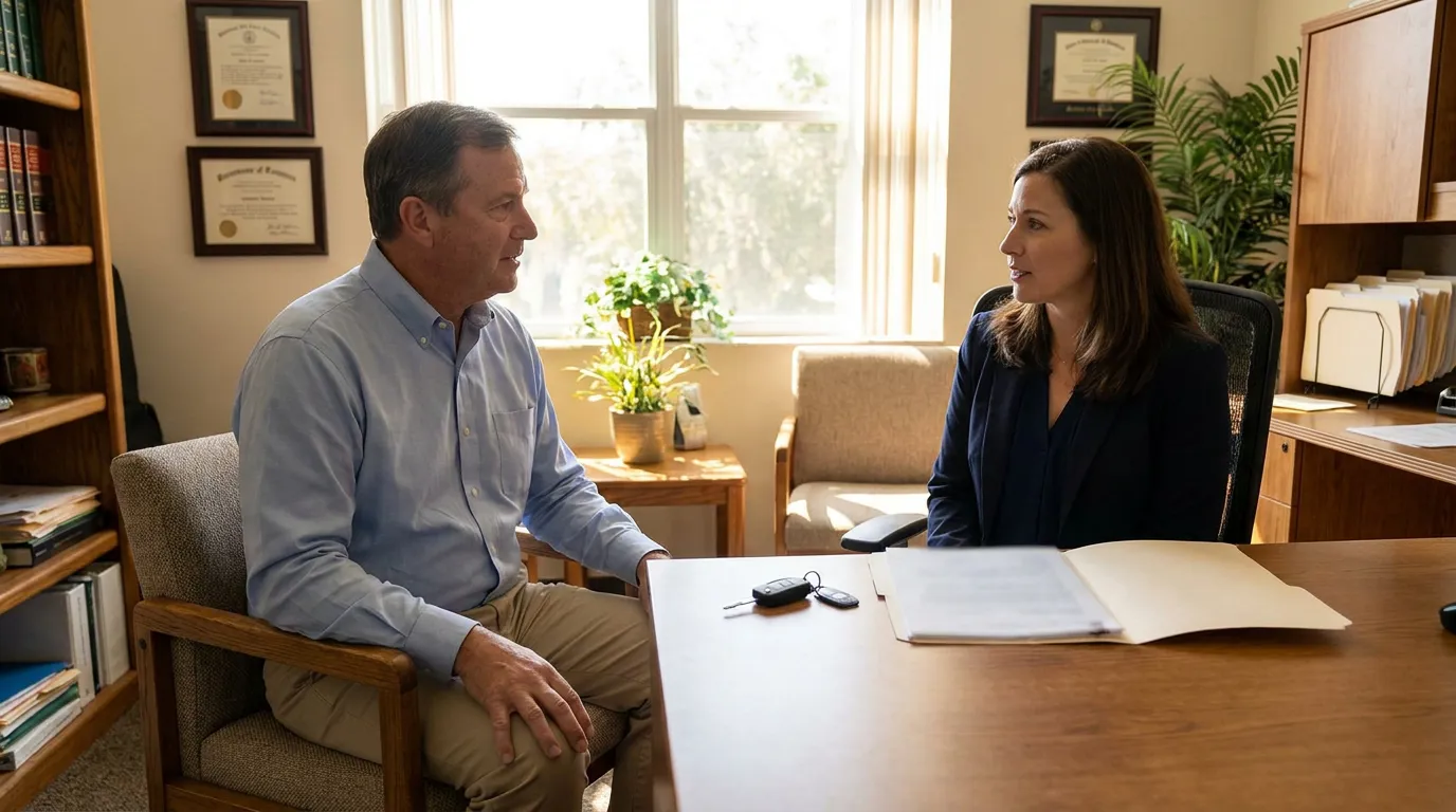 The Villages Golf Cart Accident Lawyer Client Consultation attorney meeting with client across desk with framed diplomas on wall