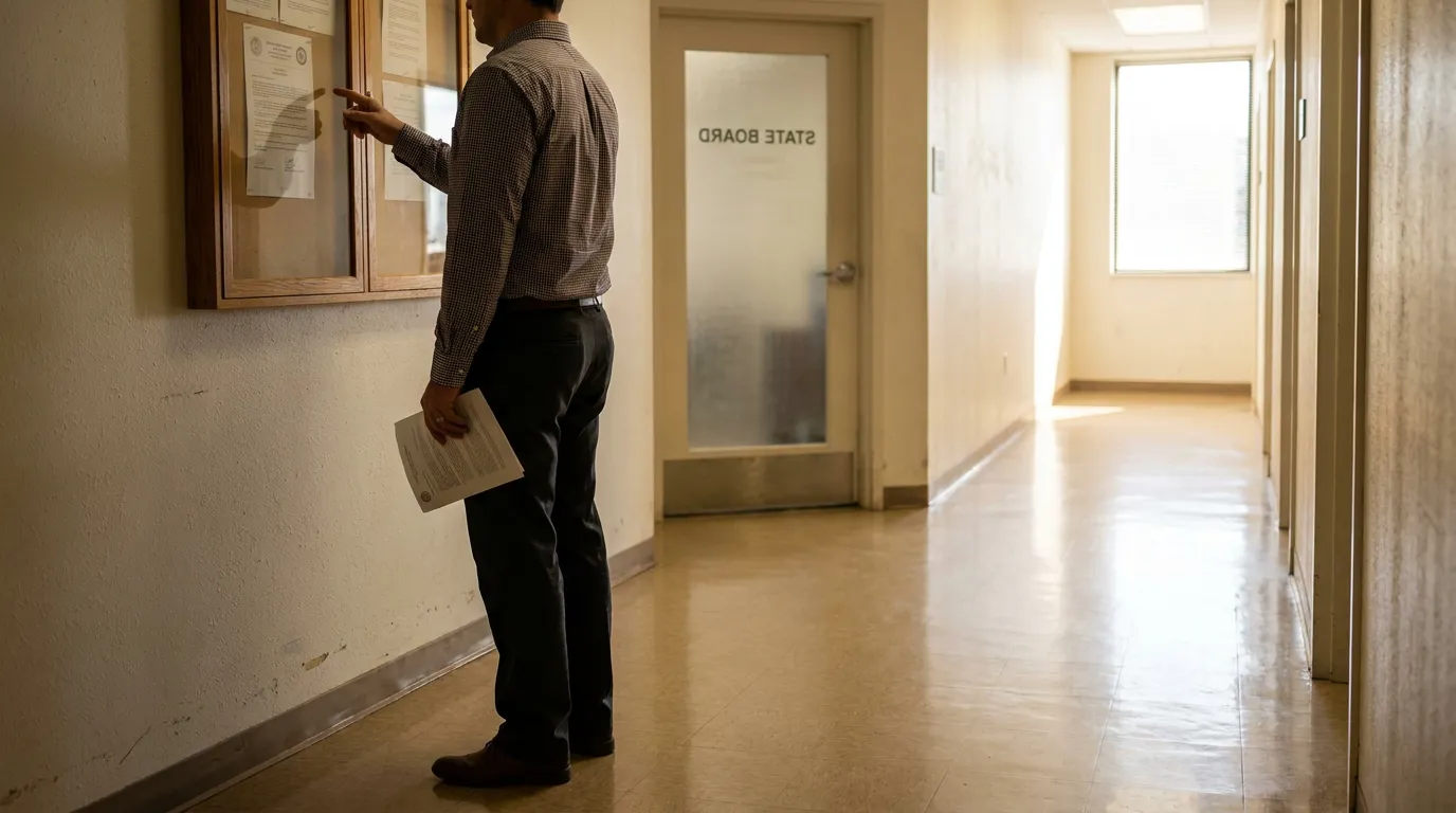Dalton Worker Reviewing Documents at Georgia State Board Office man holding documents reviewing bulletin board outside State Board office hallway