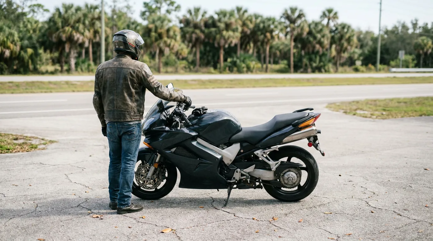 Helmeted Motorcycle Rider The Villages Florida Insurance Claim helmeted motorcyclist in leather jacket standing beside parked sport motorcycle on roadside