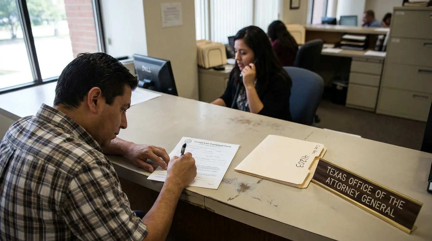 Texas Vehicle Owner Filing Lemon Law Complaint Form man completing Lemon Law Complaint Form at Texas Office of the Attorney General counter