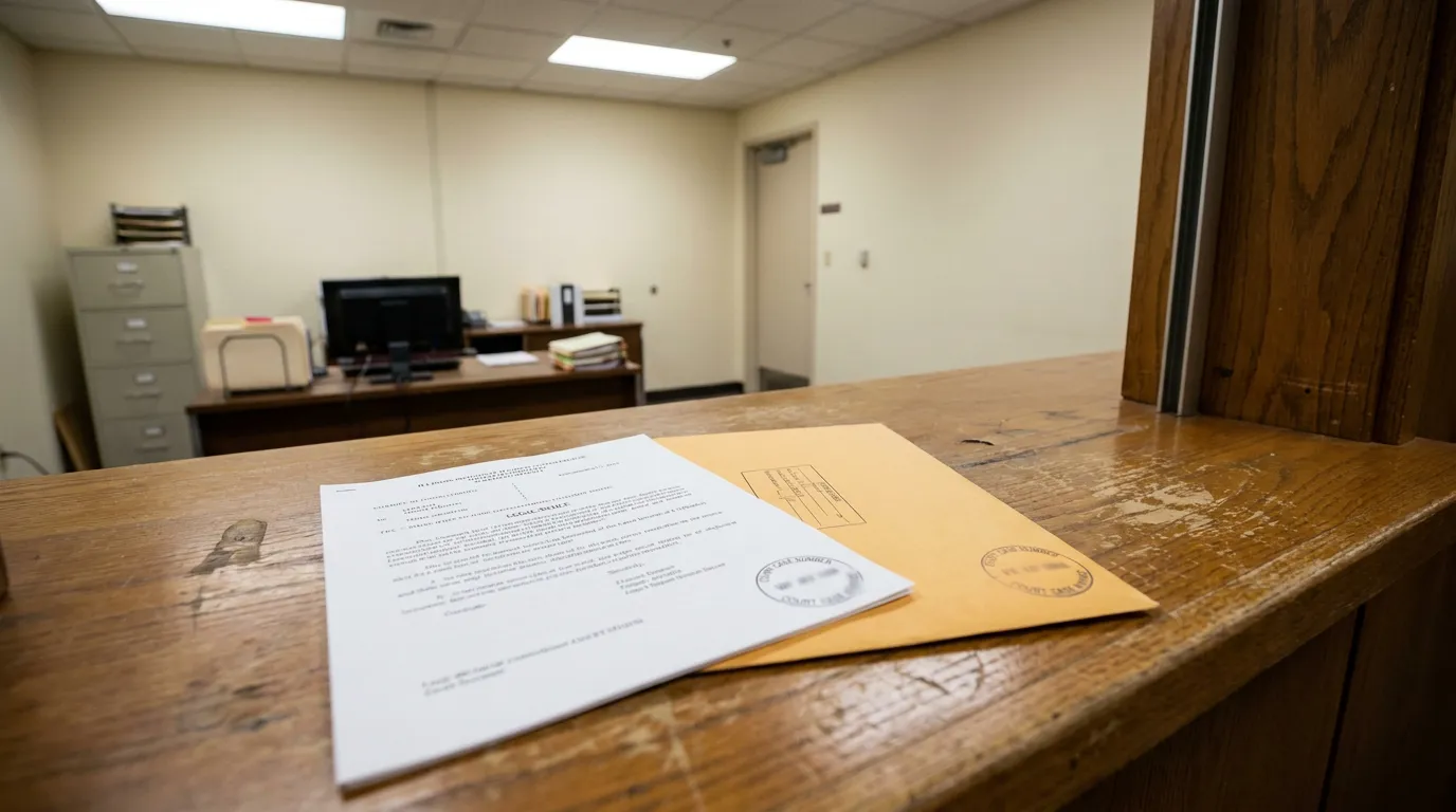 Illinois Court Filing Respondent in Discovery Legal Document stamped legal document and envelope resting on wooden court clerk counter