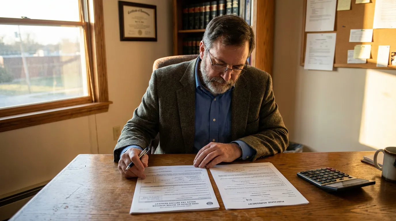 Ohio Lemon Law Attorney Reviewing Sales Tax Buyback Documents attorney reviewing Purchase Agreement and sales tax documents at office desk