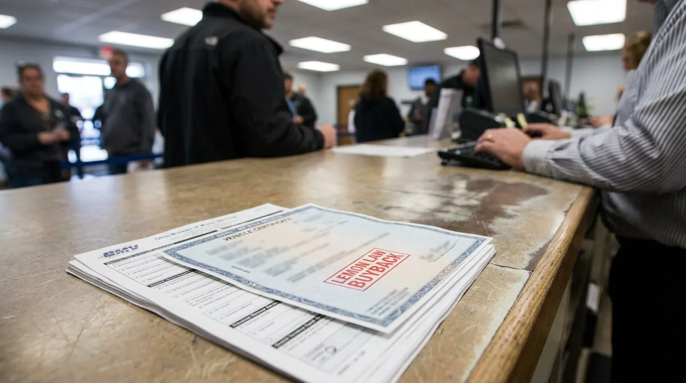 Ohio Lemon Law Buyback Title Brand at BMV Vehicle certificate stamped Lemon Law Buyback on DMV office counter
