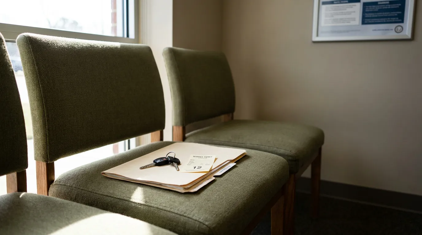 North Carolina Dealer Repair Visit Service Ticket and Car Keys service ticket numbered 12, car keys, and folder resting on waiting room chair