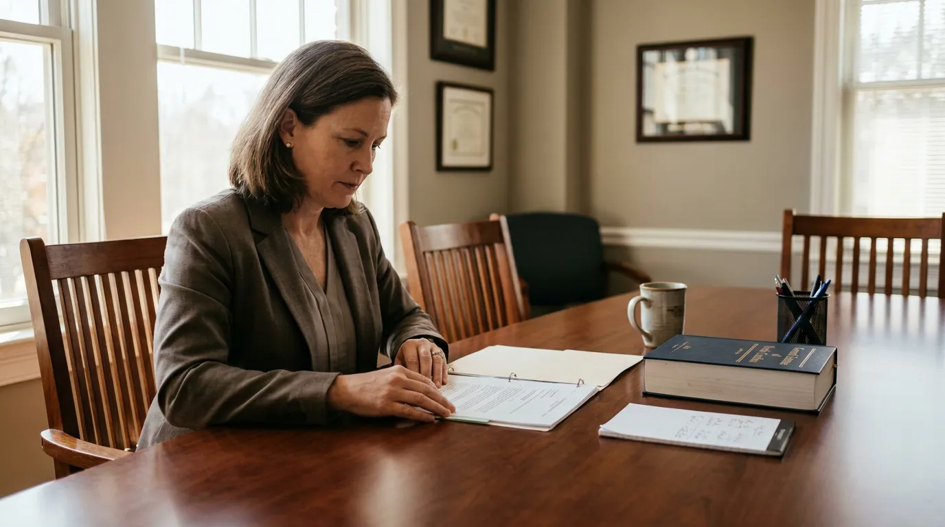 female attorney reviewing documents in binder at conference table with law book