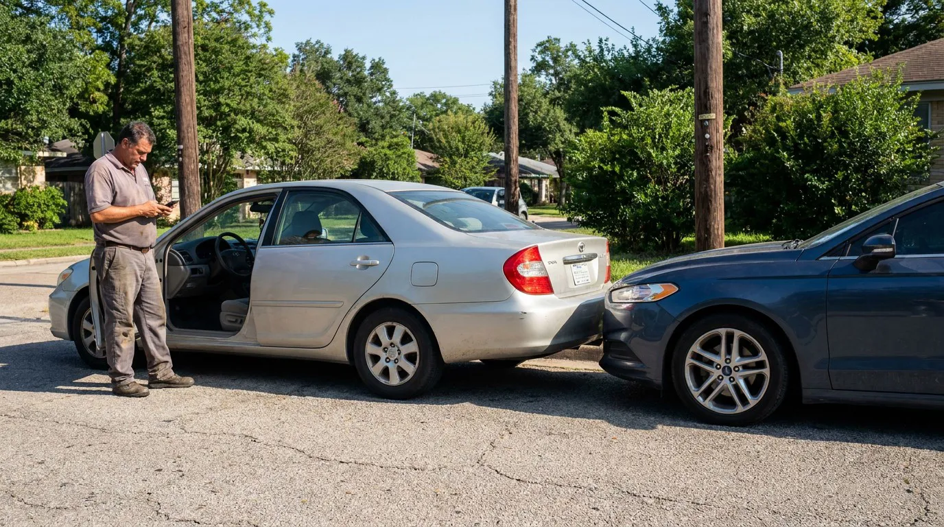 Houston Driver Filing Insurance Claim After Rear-End Crash man using phone beside sedan involved in rear-end collision on residential street