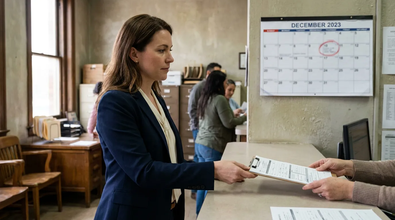 Woman Filing Texas Lemon Law Complaint Before Deadline attorney submitting clipboard documents at courthouse clerk counter with December 2023 calendar
