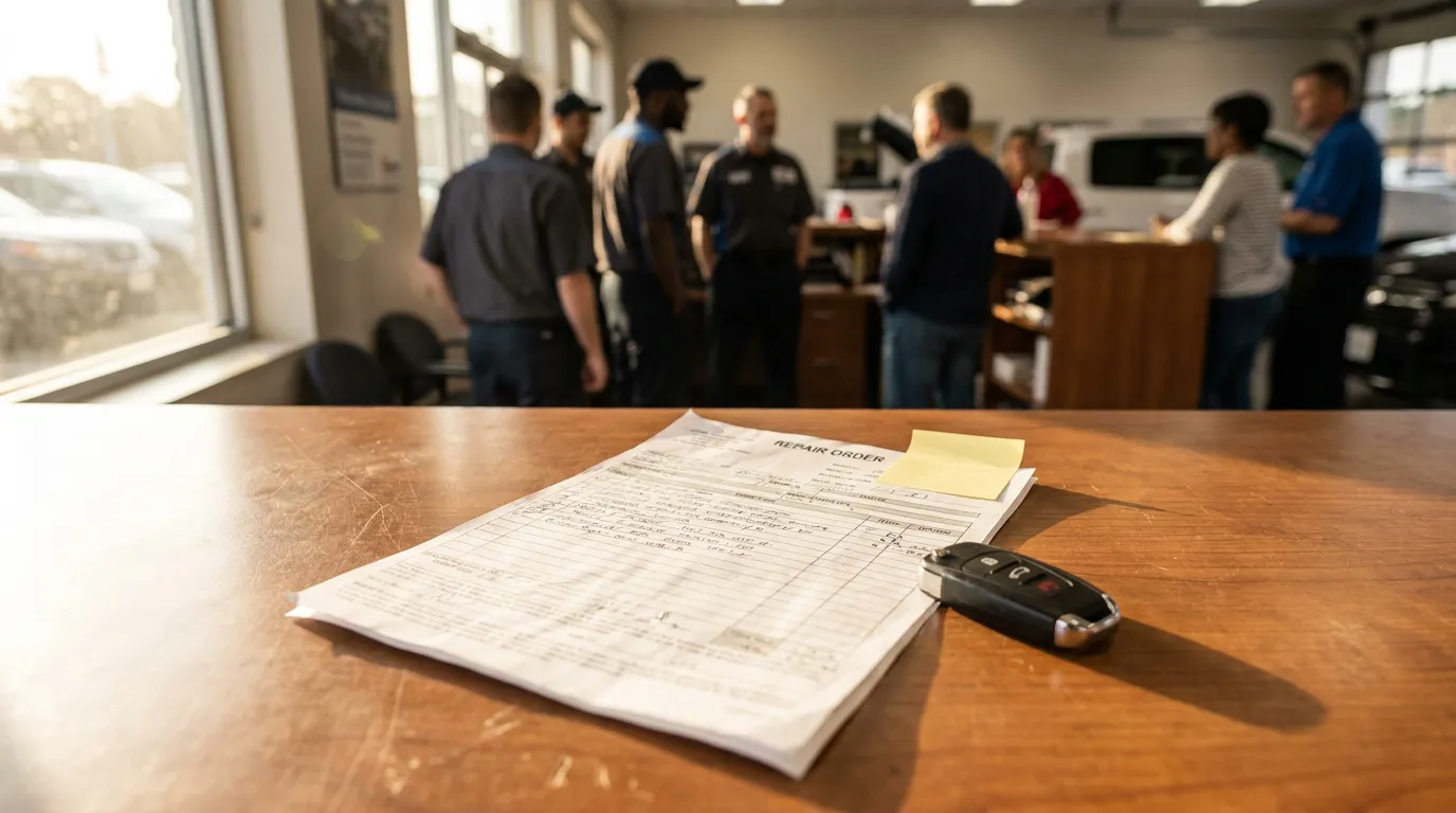 repair order document and car key fob on counter in auto dealership service department