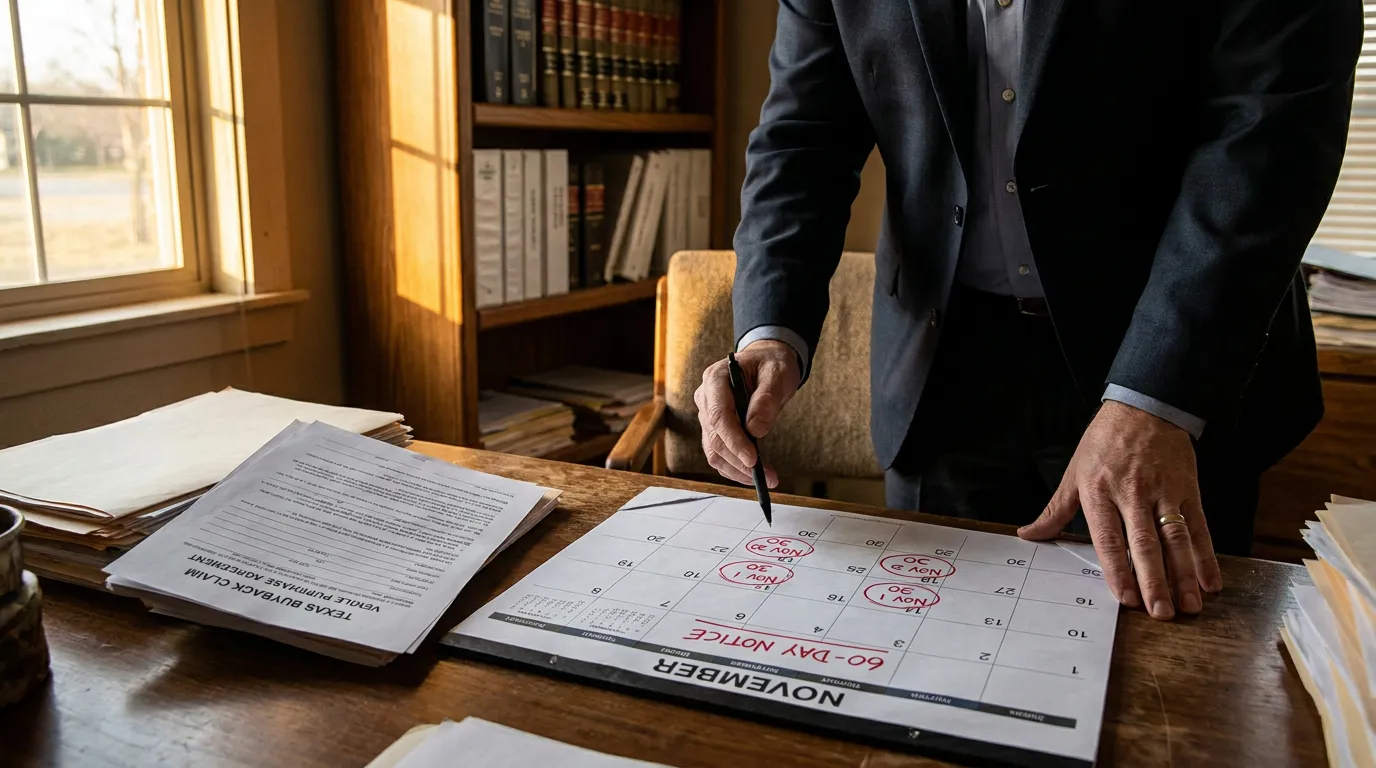 Texas Attorney Reviewing 60-Day DTPA Notice Vehicle Buyback Claim attorney pointing pen at November calendar marked 60-Day Notice beside Texas Buyback Claim document