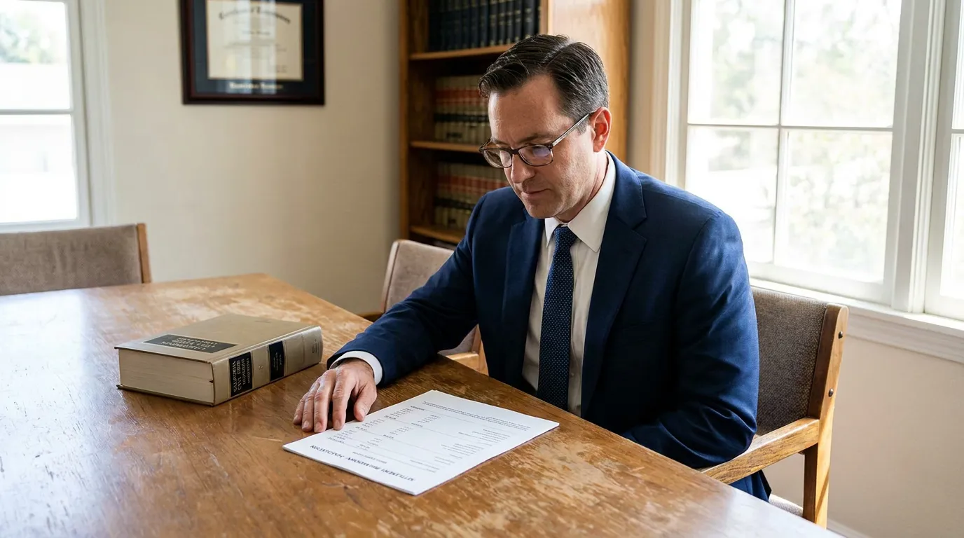 San Bernardino Car Accident Attorney Reviewing Howell Paid Rule Settlement suited attorney reviewing settlement agreement document beside California Civil Code book