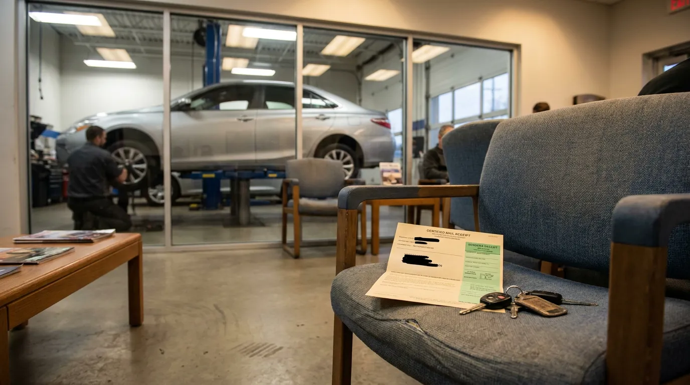 Texas Lemon Law Written Notice Certified Mail Auto Shop certified mail receipt and car keys on waiting room chair at auto repair shop