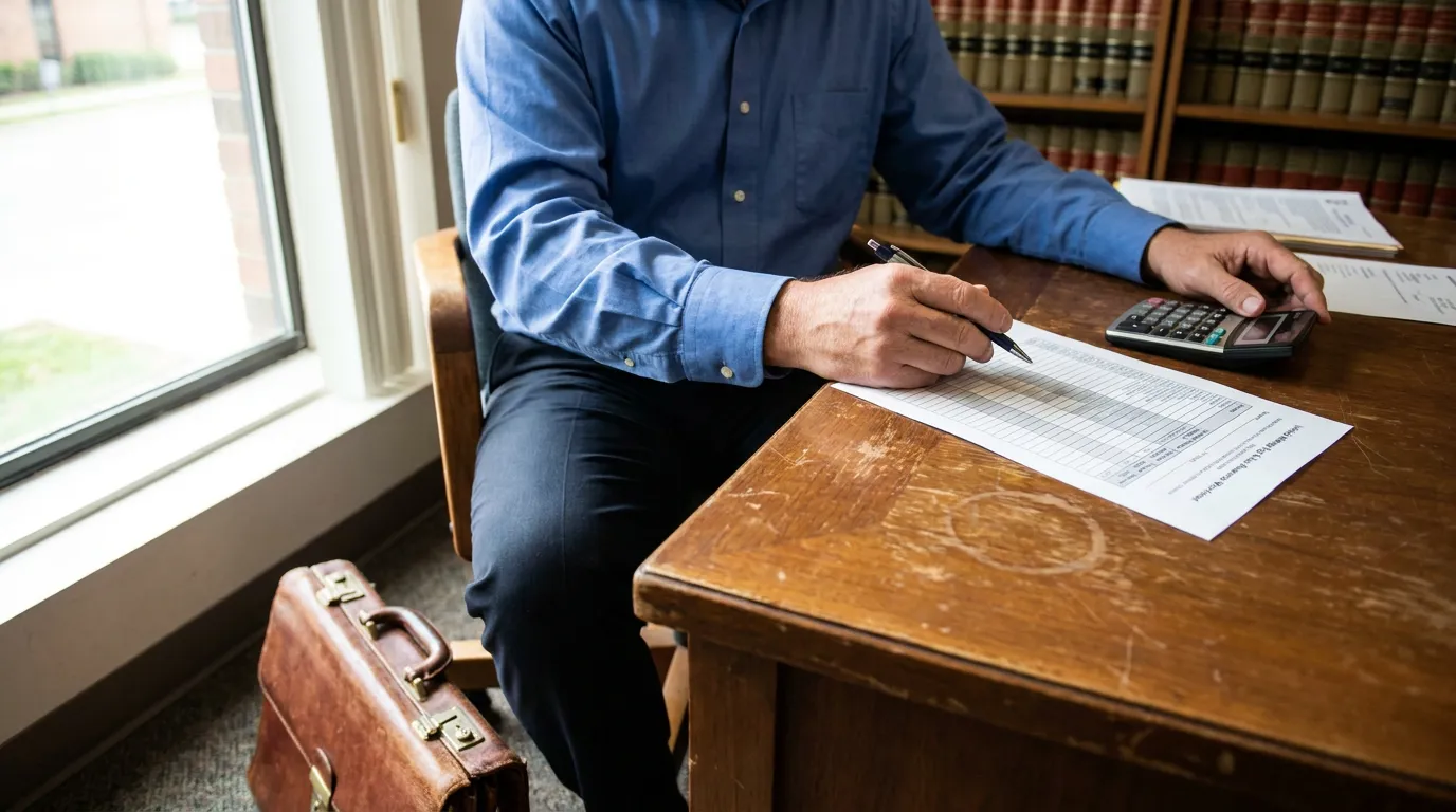 Texas Lemon Law Attorney Calculating Reasonable Allowance for Use professional reviewing legal documents at wooden desk with calculator and law books