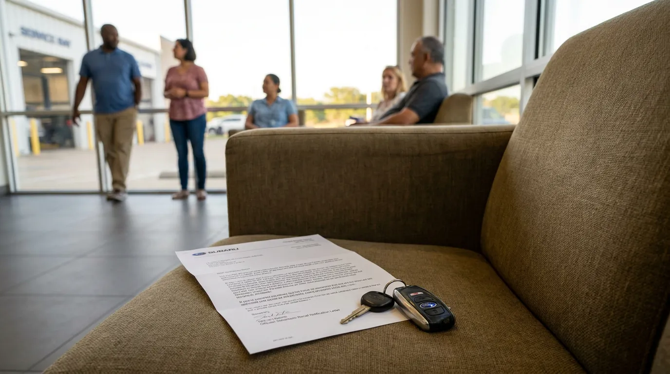 Texas Subaru Owners at Dealership With Recall Notice Letter Subaru recall notification letter and car keys resting on dealership waiting room seat