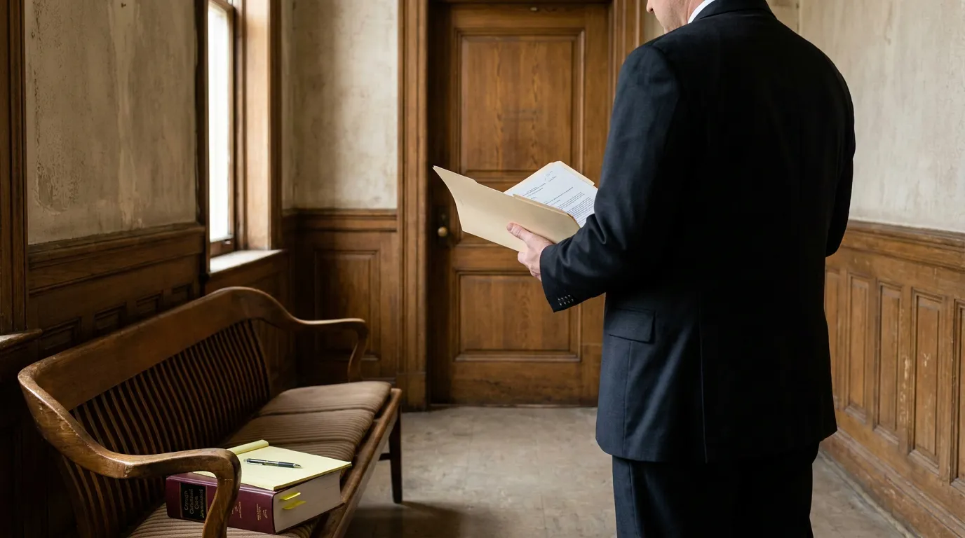 Lawrenceville Drug Defense Lawyer Reviewing Georgia Case Files suited attorney standing in courthouse hallway reviewing open legal case folder