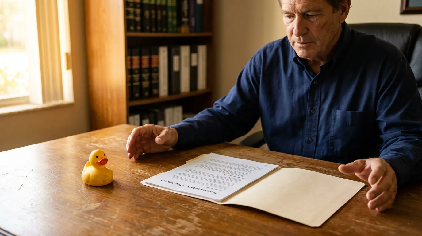 Orlando Pool Injury Lawyer Reviewing Premises Liability Case attorney reviewing Premises Liability Pool Incident legal document beside rubber duck