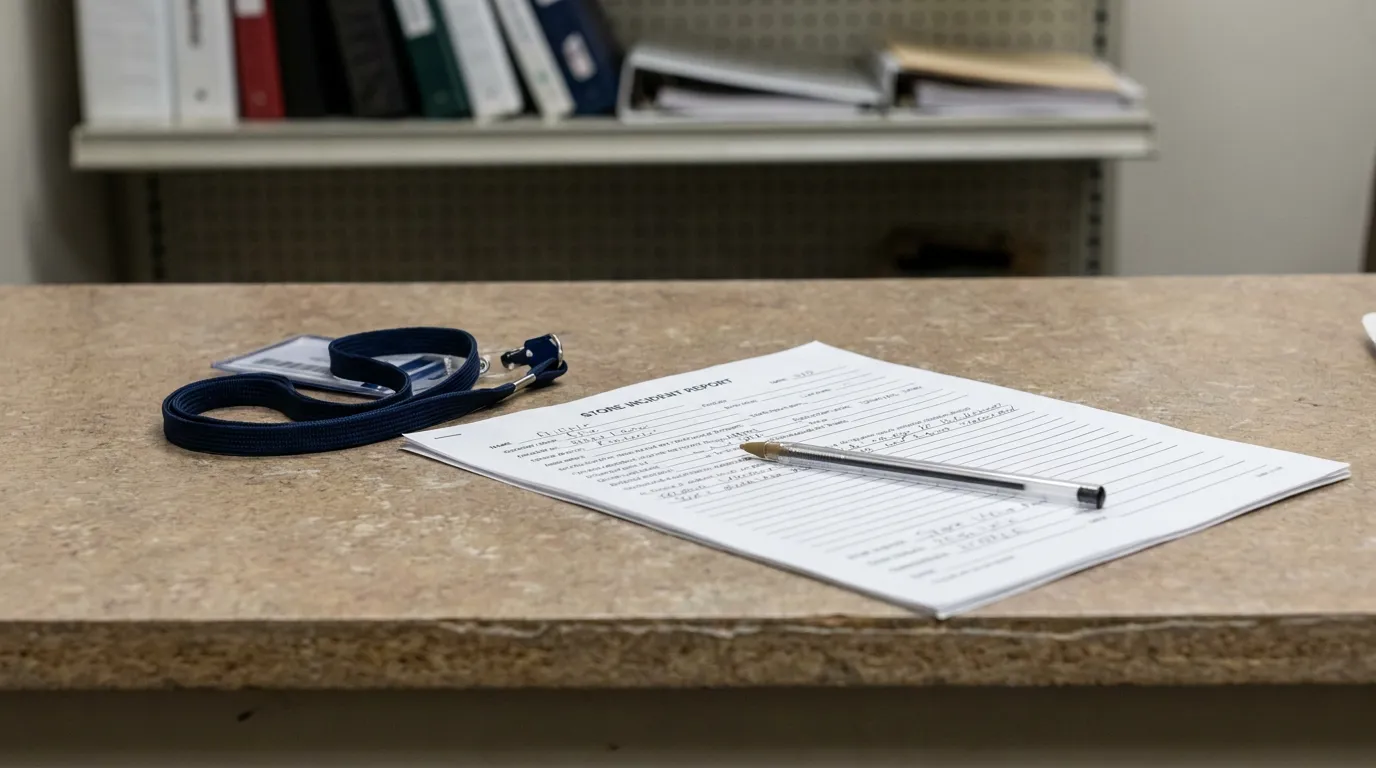Store Incident Report for Shoplifting Charge Lawrenceville GA store incident report form with pen and employee ID badge on counter