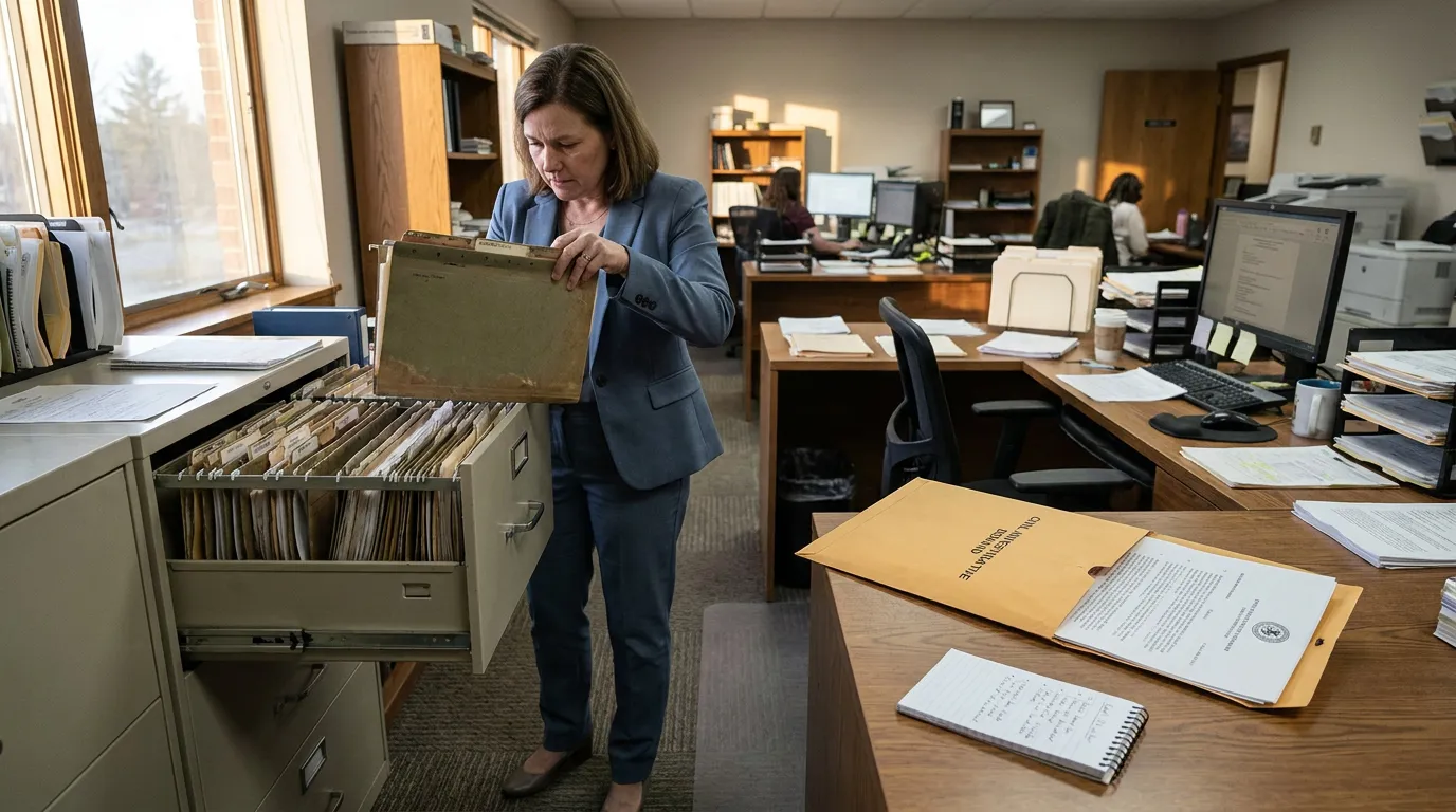 Attorney Reviewing Documents for Federal Civil Investigative Demand Response attorney retrieving case folder from open filing cabinet in busy law office
