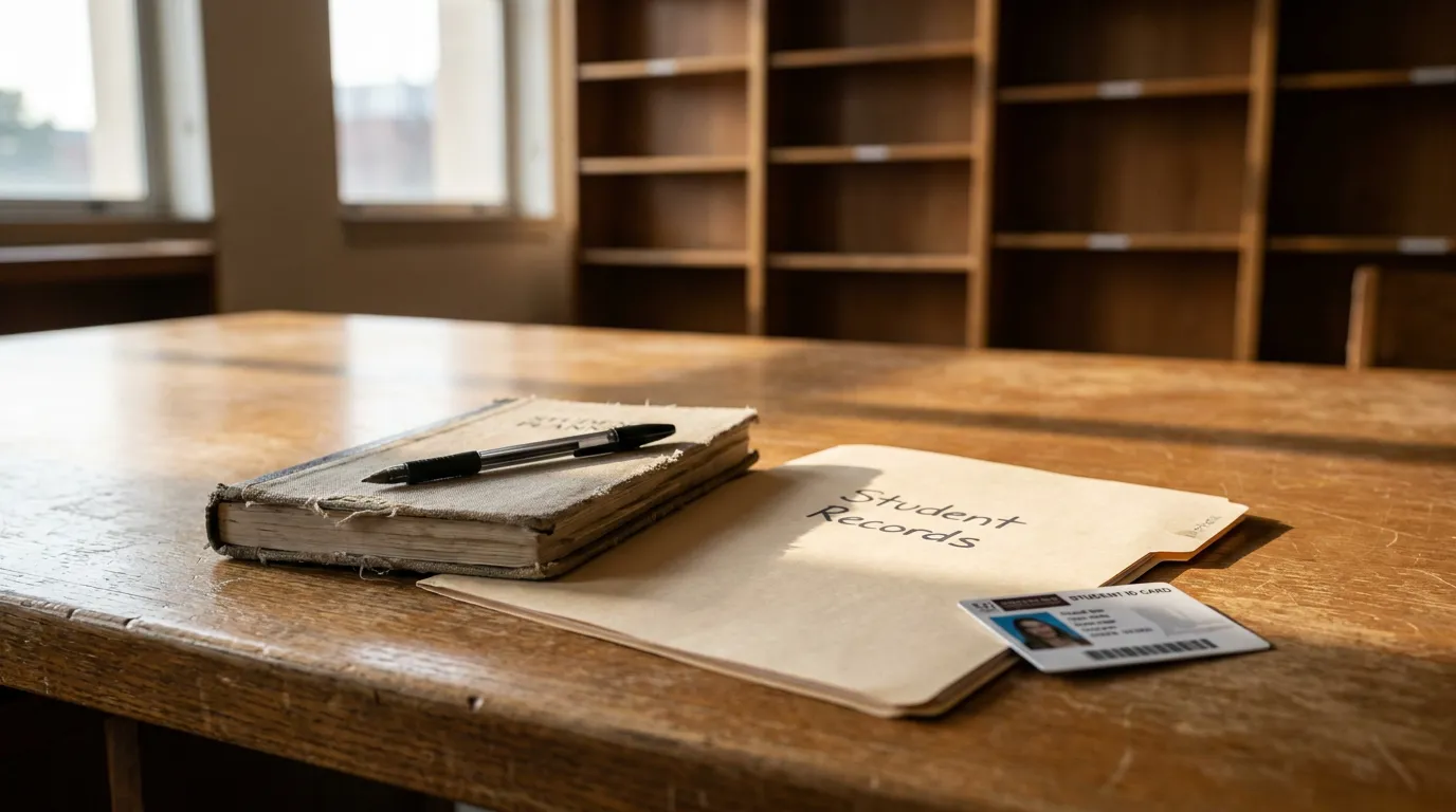 FERPA Student Disciplinary Records Folder and ID Card Student Records folder, student ID card, and pen on wooden desk
