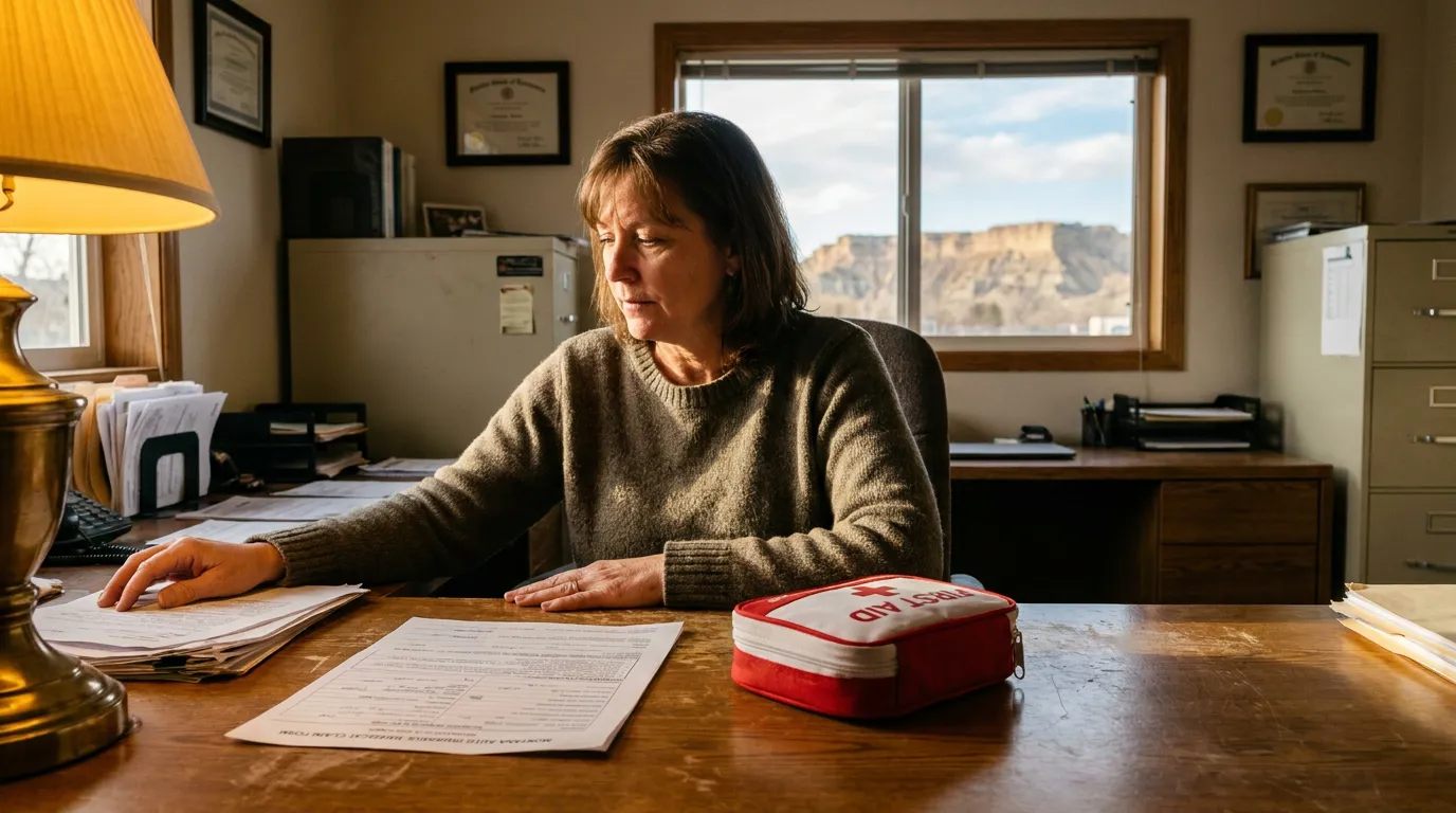 woman at desk with Montana auto insurance claim form and first aid kit