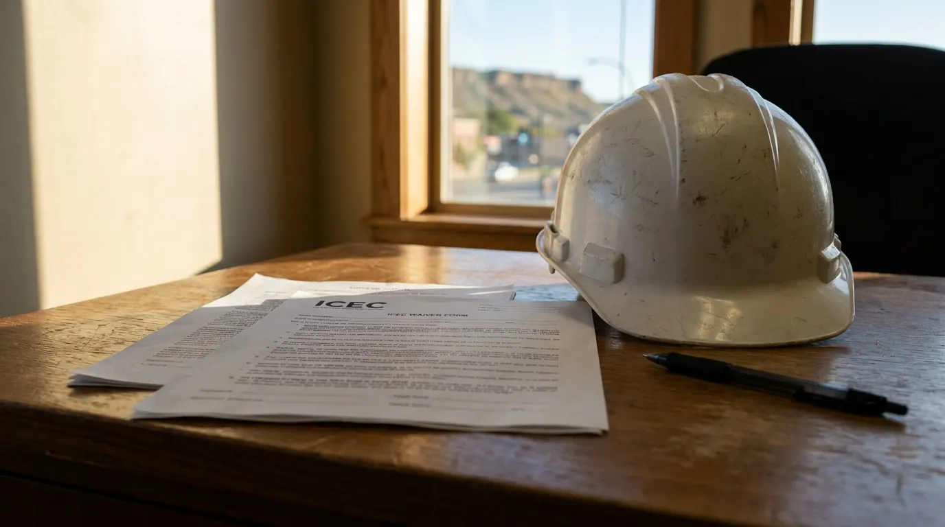 ICEC waiver form document beside construction hard hat and pen on desk