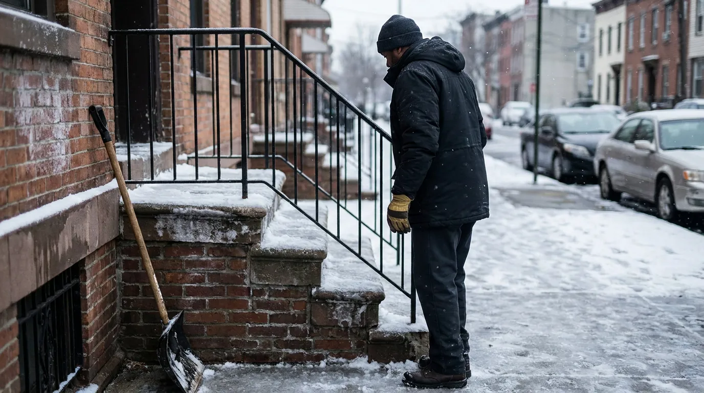 New York Property Owner Inspecting Icy Steps During Winter Storm person inspecting icy snow-covered brick steps beside metal railing and snow shovel