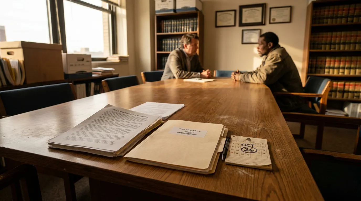 Illinois FBI Agent Questioning Federal False Statement Case attorney and client meeting in law office with case file and calendar on table