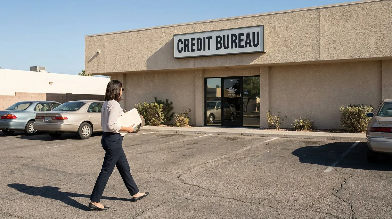 woman carrying documents walking toward Credit Bureau building entrance