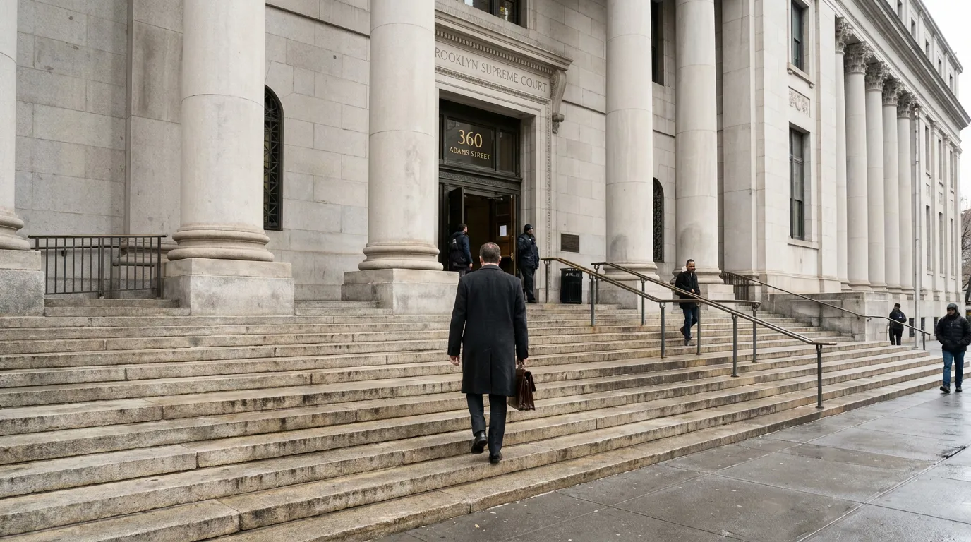 Divorce Attorney Entering Brooklyn Supreme Court attorney carrying briefcase ascending steps of Brooklyn Supreme Court 360 Adams Street
