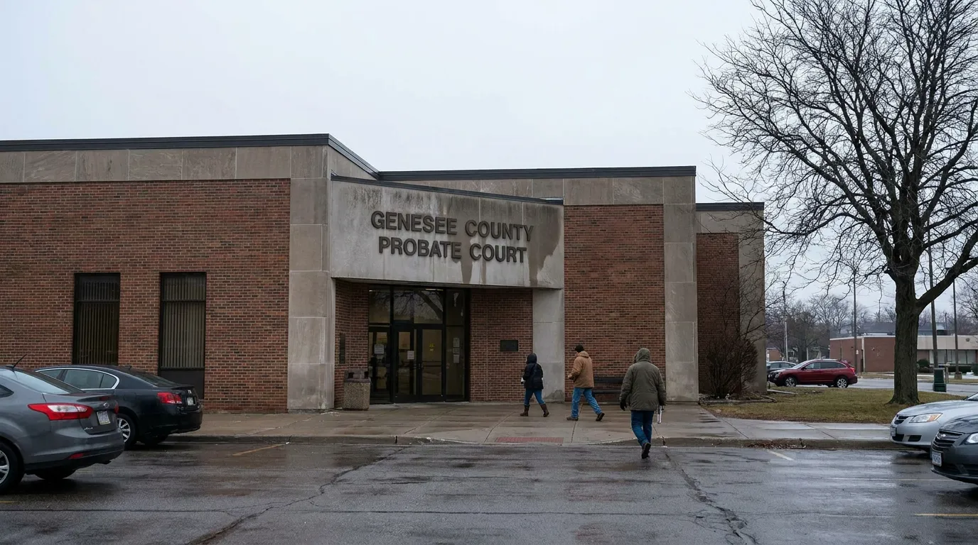 Genesee County Probate Court building exterior with people walking toward entrance