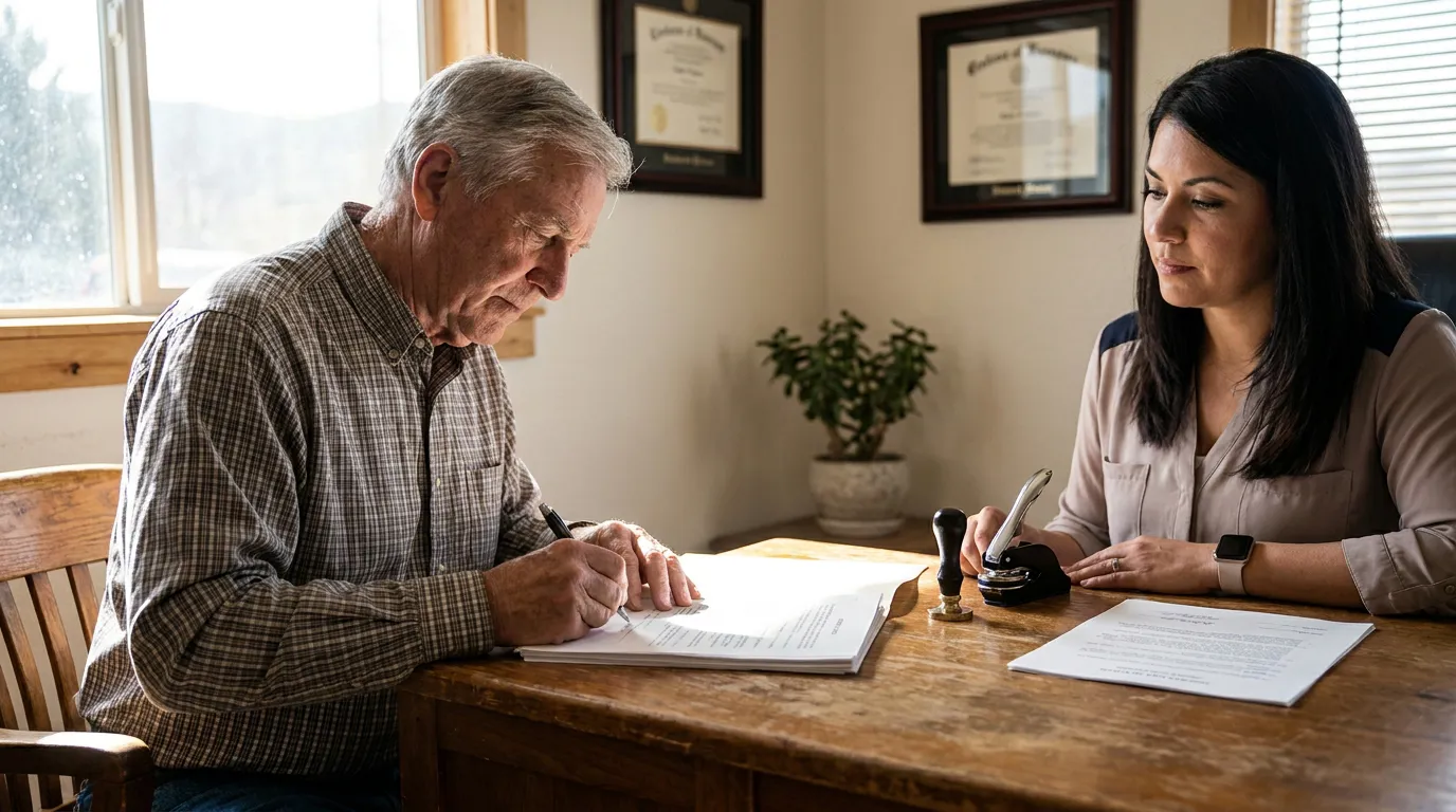 elderly man signing legal documents at desk with notary stamp and certificates