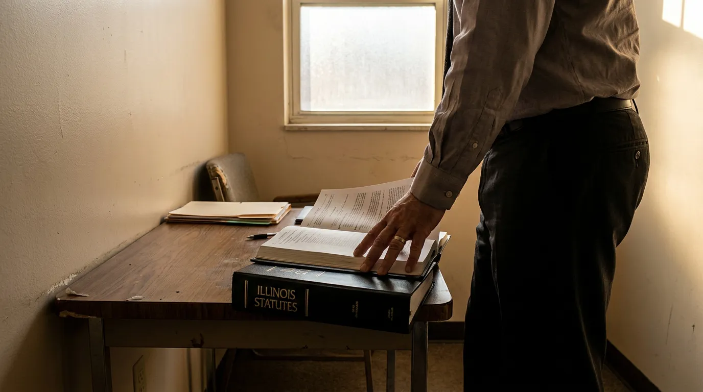 Illinois Statutes Book Armed Habitual Criminal Defense Lawyer attorney reviewing open legal document atop Illinois Statutes book on desk