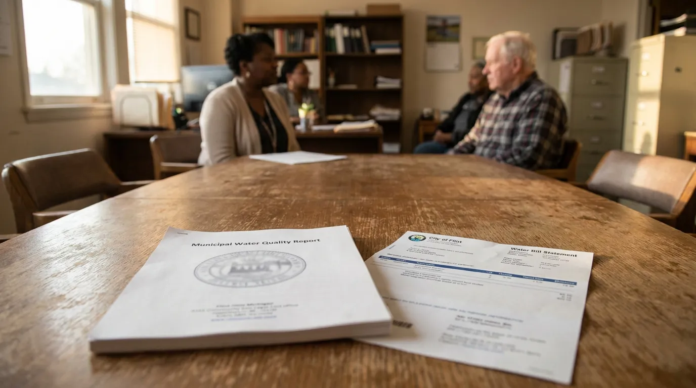 Municipal Water Quality Report and City of Flint Water Bill Statement on conference table during meeting